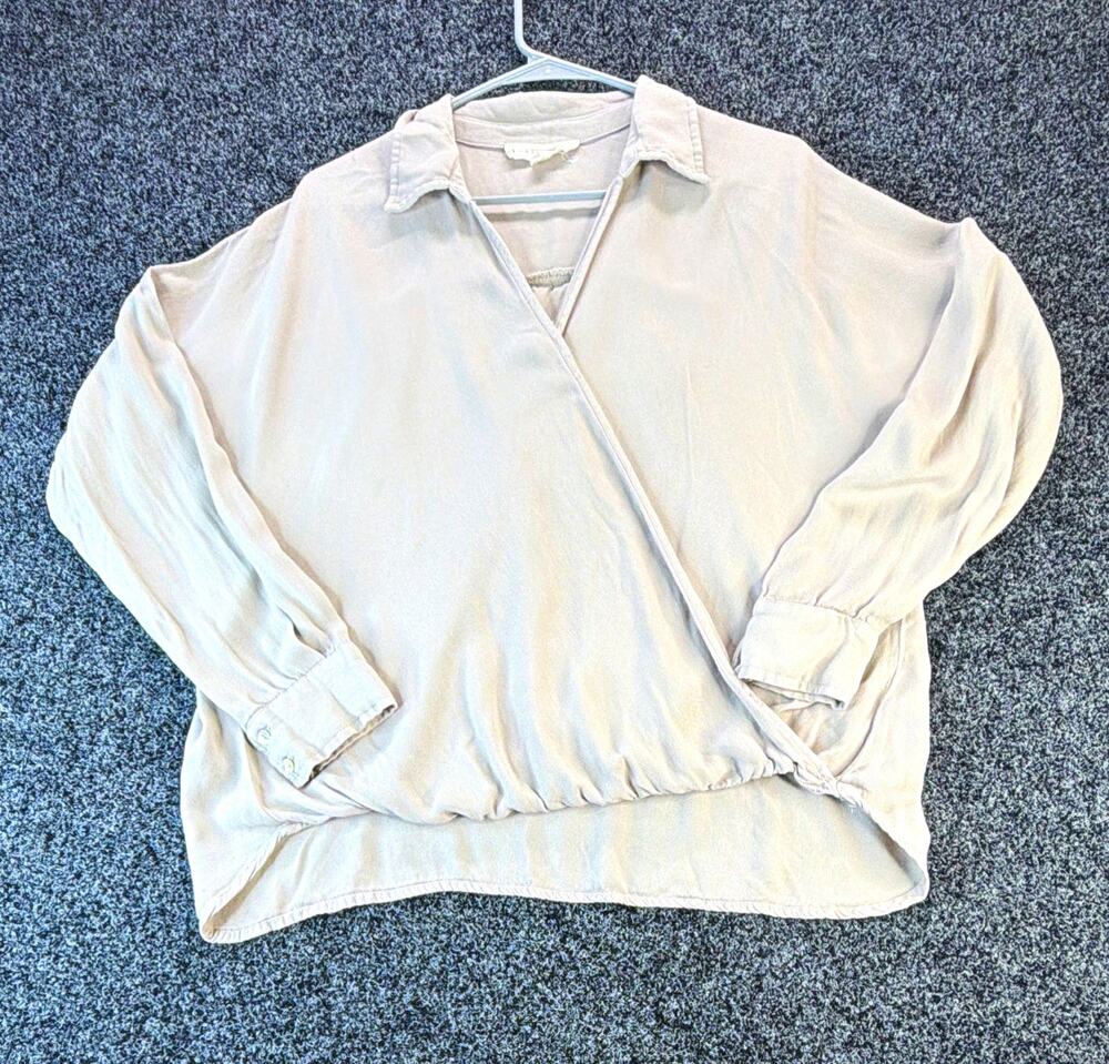 Lovestitch Women's Beige Solid Collared Wrap Front Long Sleeve Blouse Size L